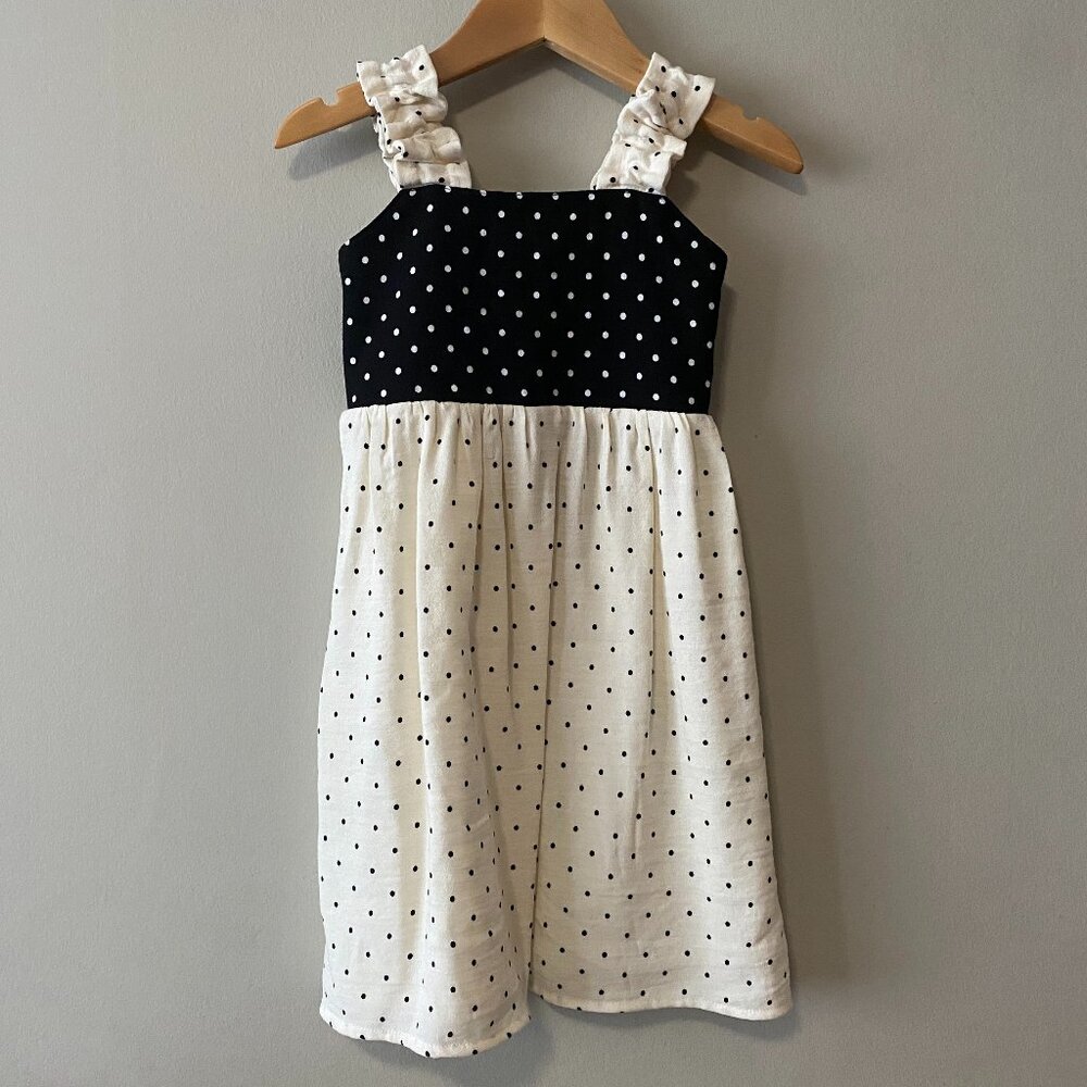 Handmade Children's Black Off White Polka Dot 100% Cotton Elastic Straps Dress